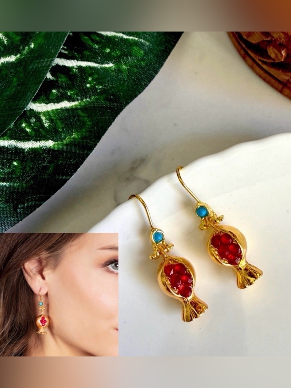 2/$30🌵 Mini Pomegranate Earrings Red Stone Seeds Blue Stone Gold Fruit Jewelry